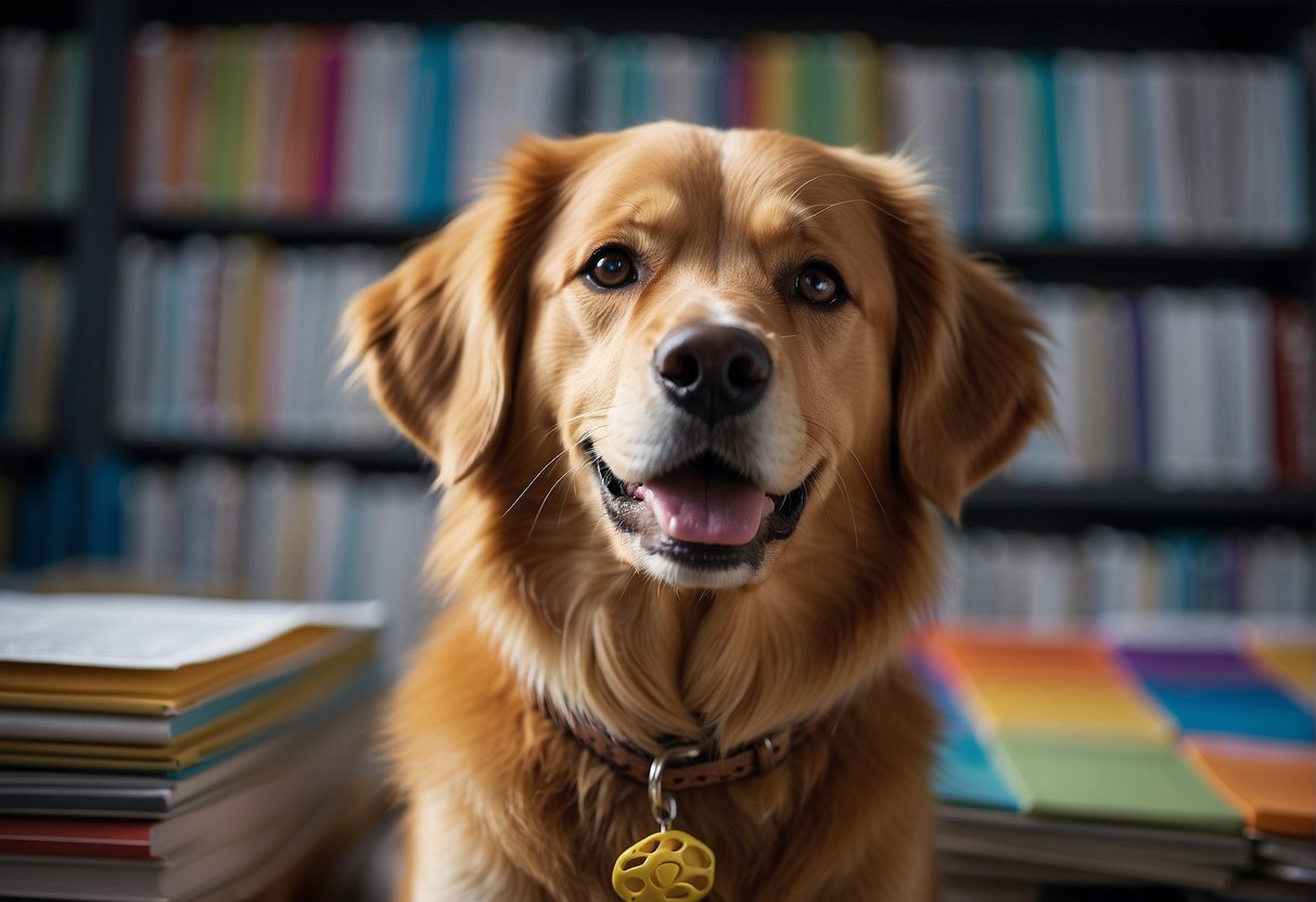 A happy dog wagging its tail, surrounded by colorful brain scans and research papers, symbolizing the positive impact of pets on human well-being