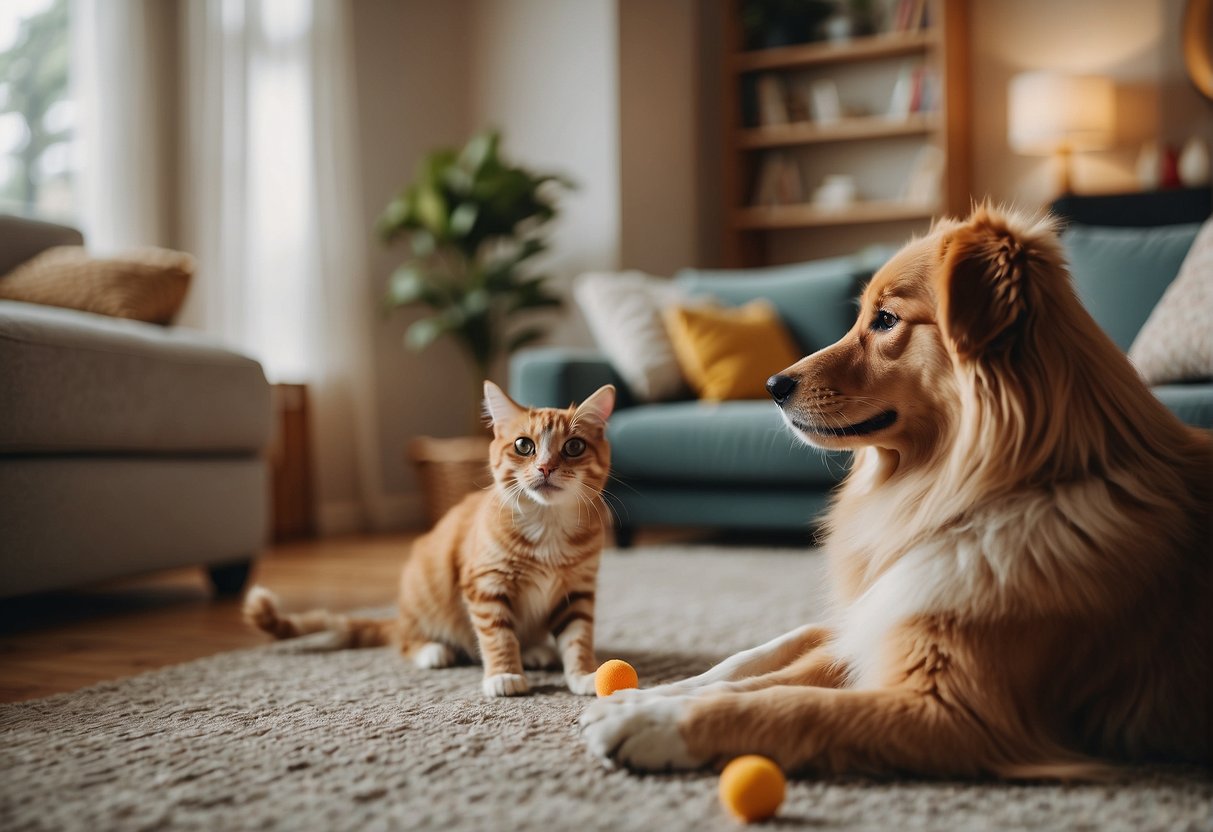A dog and cat playing in a spacious living room with toys scattered around, while a family member watches from a comfortable couch