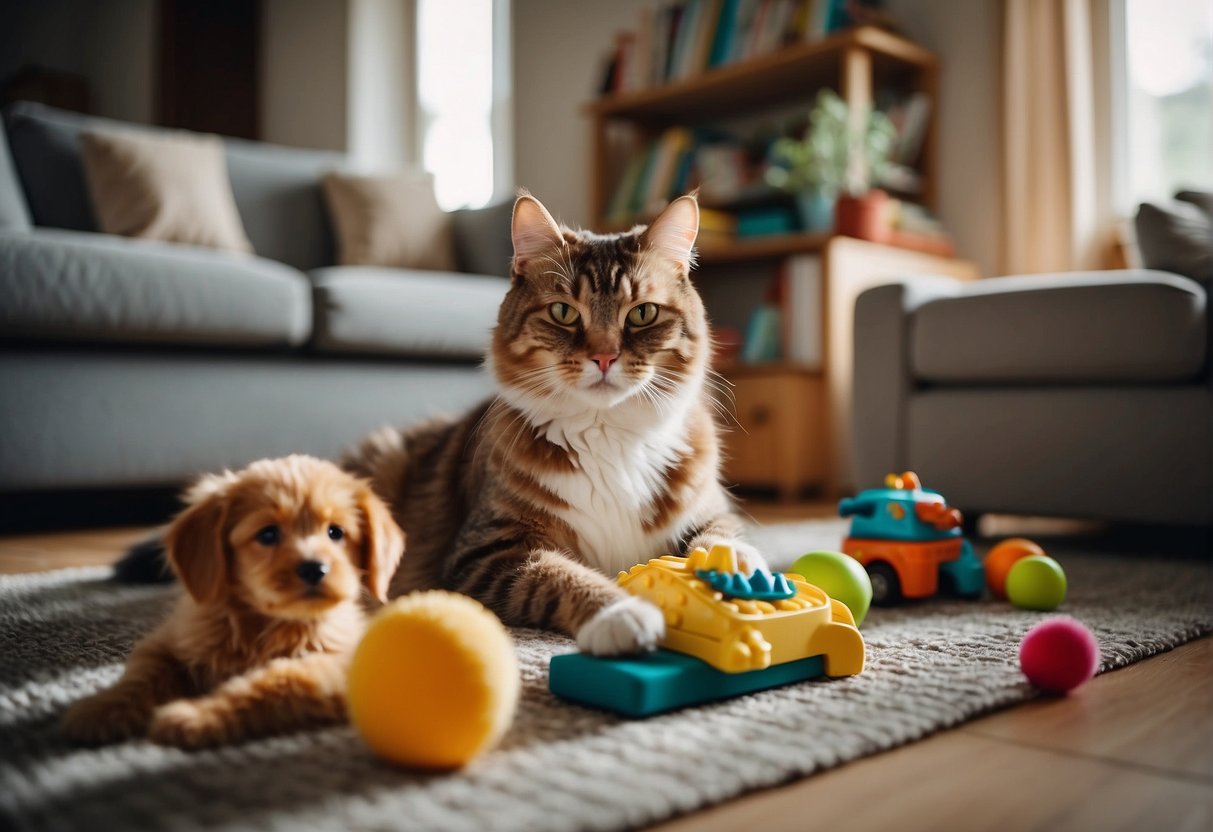 A cozy living room with a pet dog and cat playing with children's toys. Books and educational materials scattered around, showing the positive impact of family pets on children's social and educational development