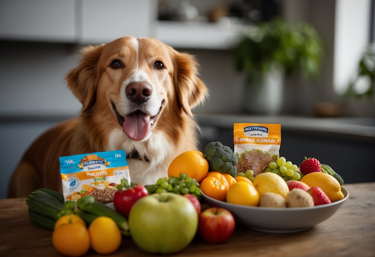 A happy dog with a shiny coat eats from a bowl of high-quality dog food, surrounded by colorful fruits and vegetables. A bag of premium dog food sits nearby, with a vet-approved label