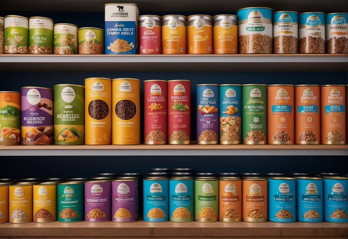 A variety of dog food brands displayed on shelves with colorful packaging, nutritional information, and images of happy, healthy dogs