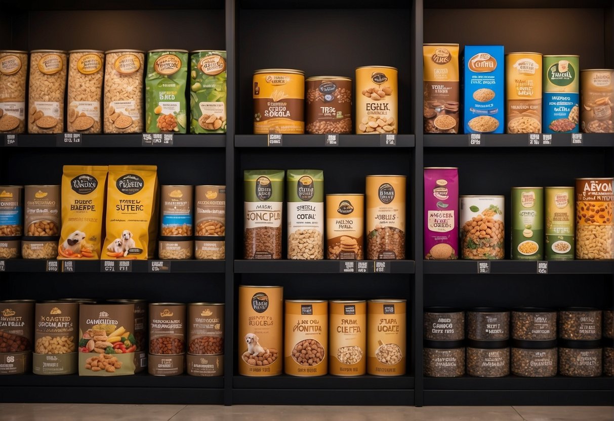 Various dog food brands displayed on shelves, with labels indicating "best" and "right" choices. Different types of food, such as dry kibble and canned options, are shown