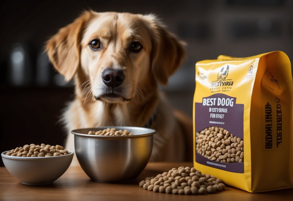 A dog eagerly sniffs a bowl of new dog food, while the old food sits untouched nearby. The packaging of the new food is prominently displayed, with the words "Best Dog Food: How to Choose the Right Food for Your Pet" clearly visible