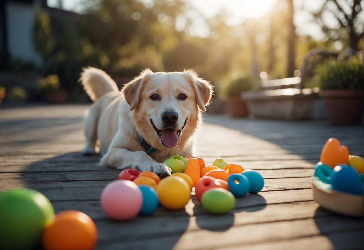 A dog happily playing with a variety of toys, eating from a full food bowl, drinking clean water, and going for a walk with its owner