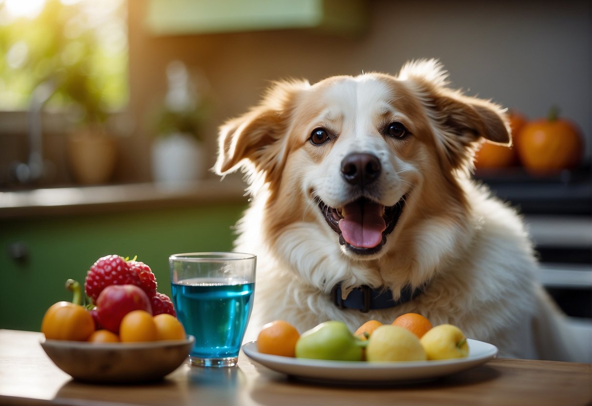 A happy dog with a shiny coat eating a balanced meal, surrounded by fresh fruits and vegetables, a bowl of clean water, and a chew toy