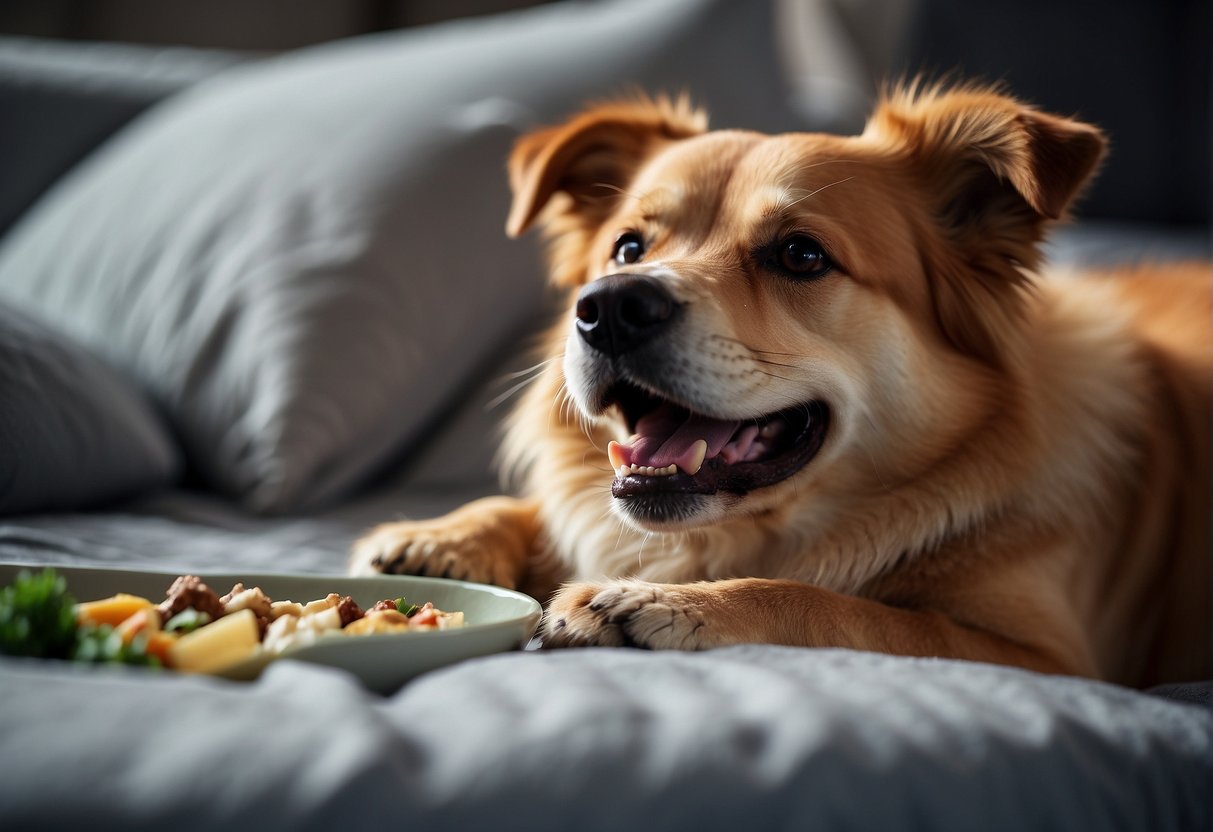 A dog lying on a cozy bed with a shiny coat, trimmed nails, and clean teeth. A bowl of fresh water and nutritious food nearby