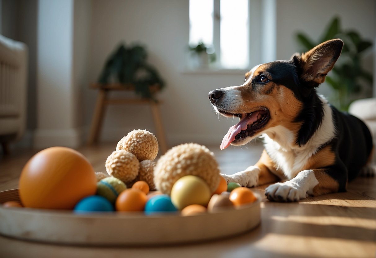 A joyful dog playing with toys, eating nutritious food, receiving regular exercise, and enjoying affectionate interactions with its owner