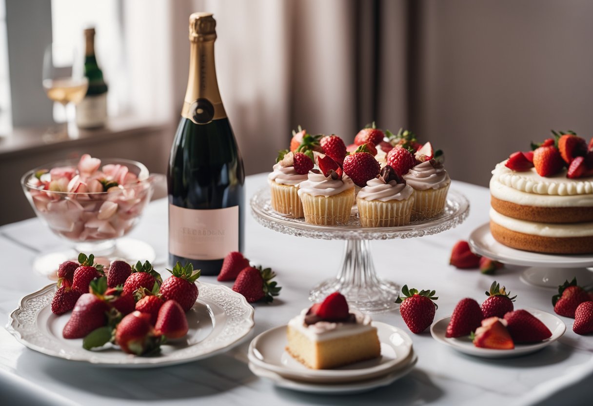 A table set with heart-shaped cakes, chocolate-covered strawberries, and a bottle of champagne. Rose petals scattered around the desserts
