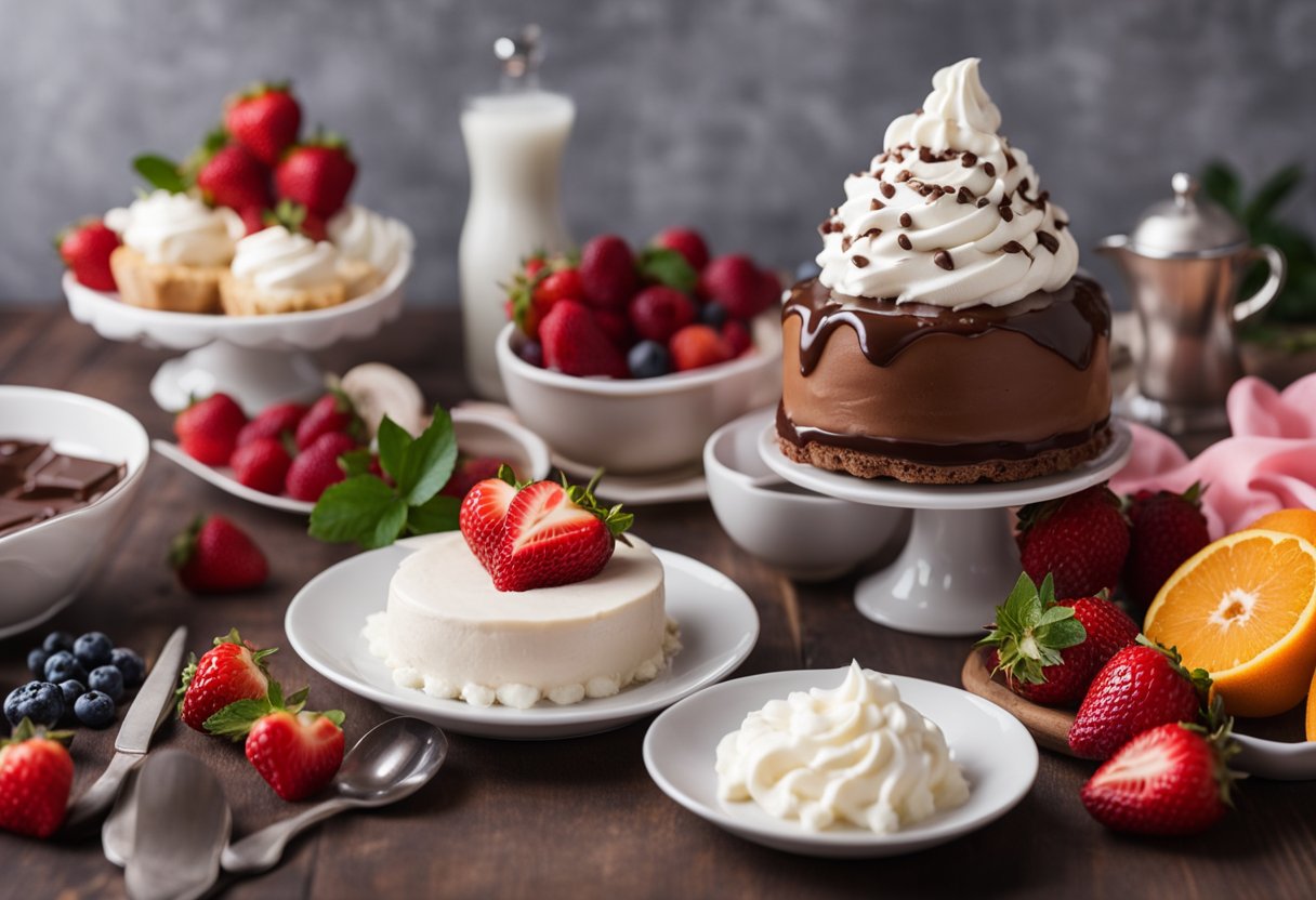 A table set with fresh fruits, chocolate, and whipped cream. A heart-shaped mold and various utensils laid out for making easy Valentine's Day desserts