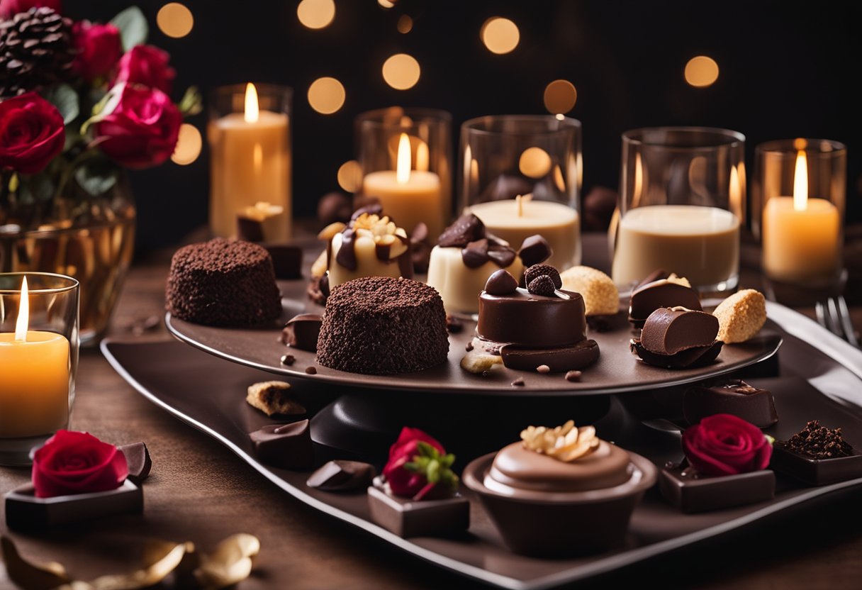 A table set with assorted chocolate desserts, including truffles, mousse, and fondue. Candles and rose petals add romantic ambiance