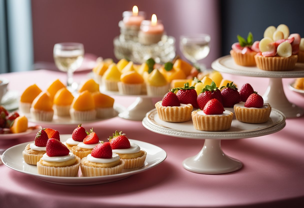 A table adorned with assorted fruit desserts, like strawberry tarts and citrus cakes, surrounded by heart-shaped decorations and romantic lighting