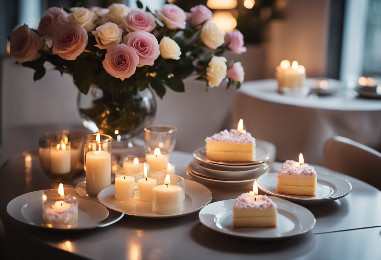 A table set with candles, roses, and heart-shaped desserts. Soft lighting creates a romantic atmosphere