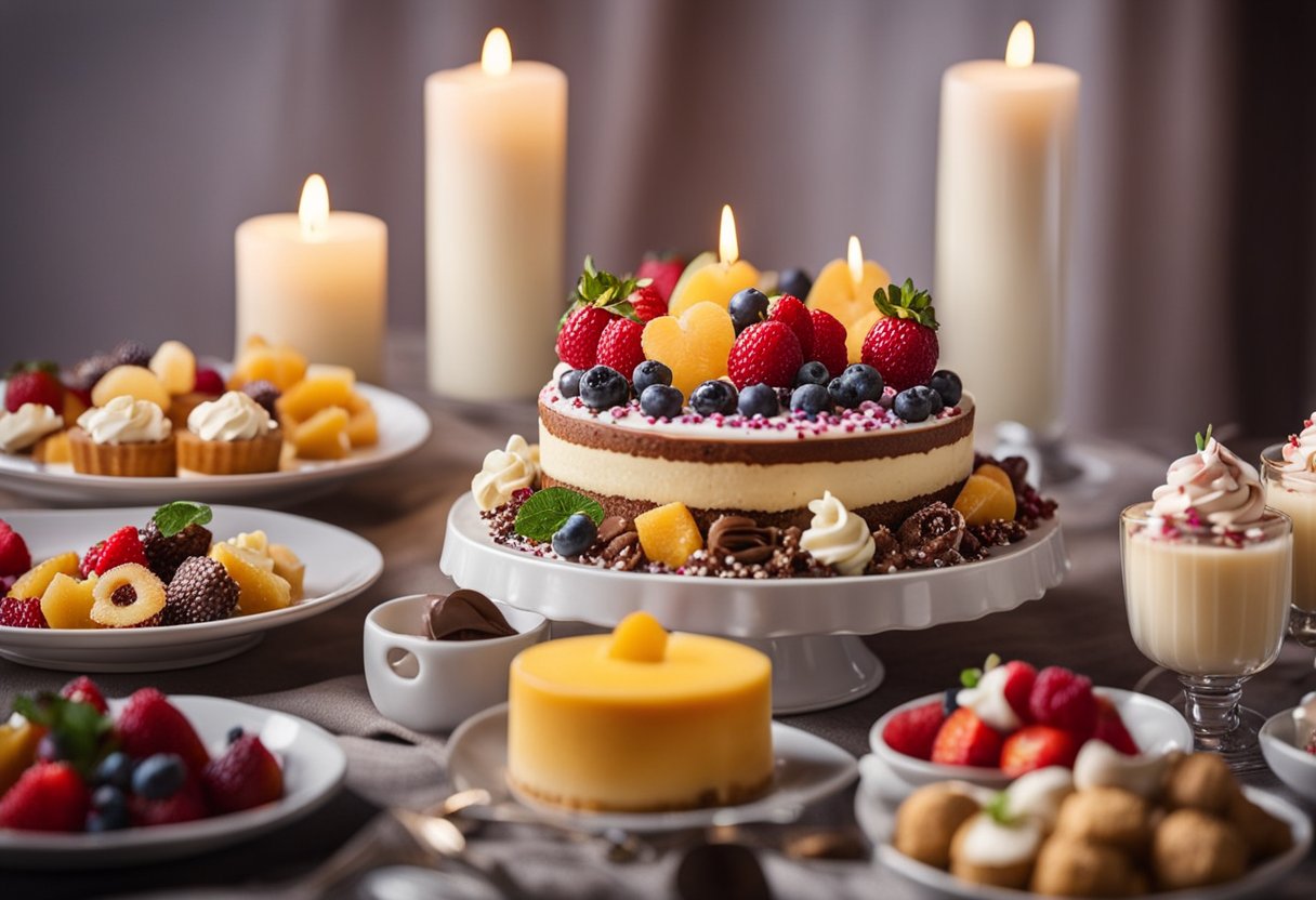 A table set with assorted no-bake desserts, including cheesecake, truffles, and fruit tarts. Decorated with heart-shaped sprinkles and surrounded by romantic candles