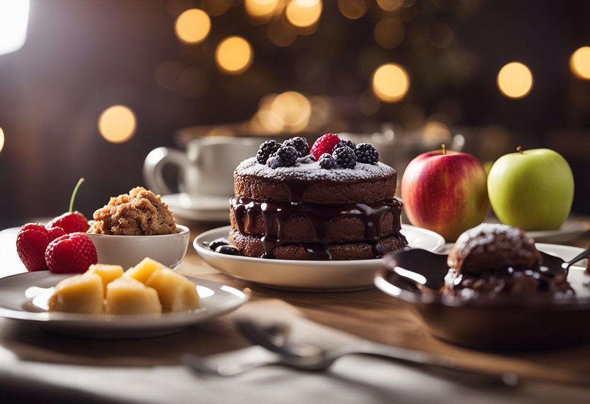 A table set with a variety of warm desserts, including chocolate lava cake, apple crumble, and berry cobbler, with cozy lighting and a romantic ambiance