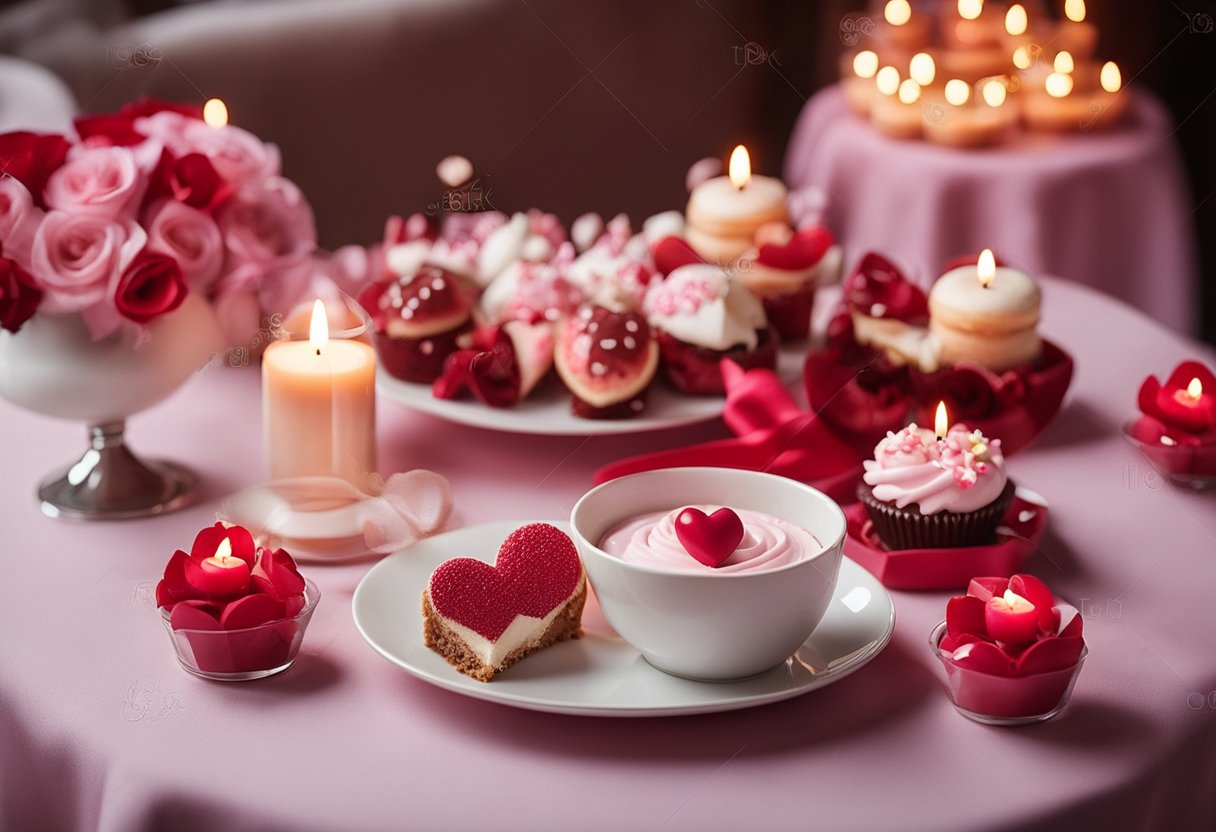 A table set with various Valentine's Day desserts, surrounded by heart-shaped decorations and candles