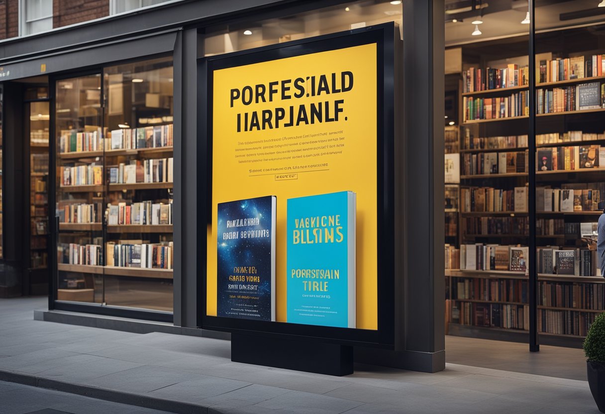 Various book advertisements: a billboard with a captivating book cover, a digital ad on a smartphone screen, and a bookstore window display with enticing book titles