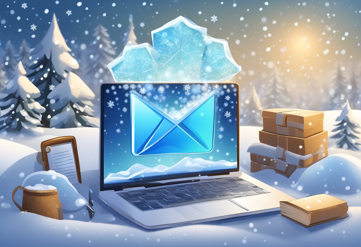An open email with a thermometer reading below freezing, surrounded by snowflakes and ice crystals