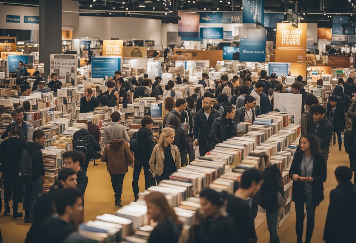 A bustling book fair with posters, banners, and flyers promoting various genres. People engage with authors and browse book displays