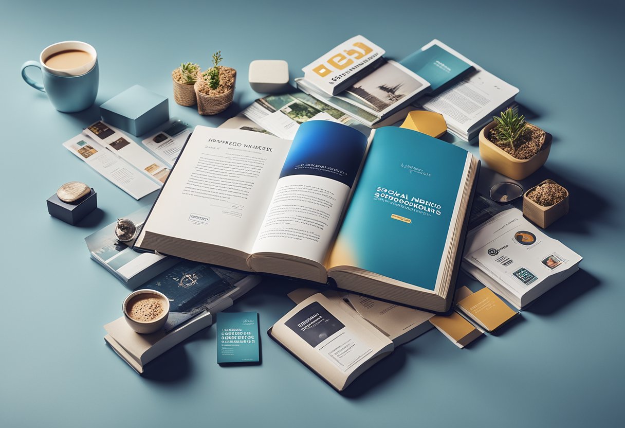 A book surrounded by various advertising materials: social media posts, sponsored content, and influencer endorsements