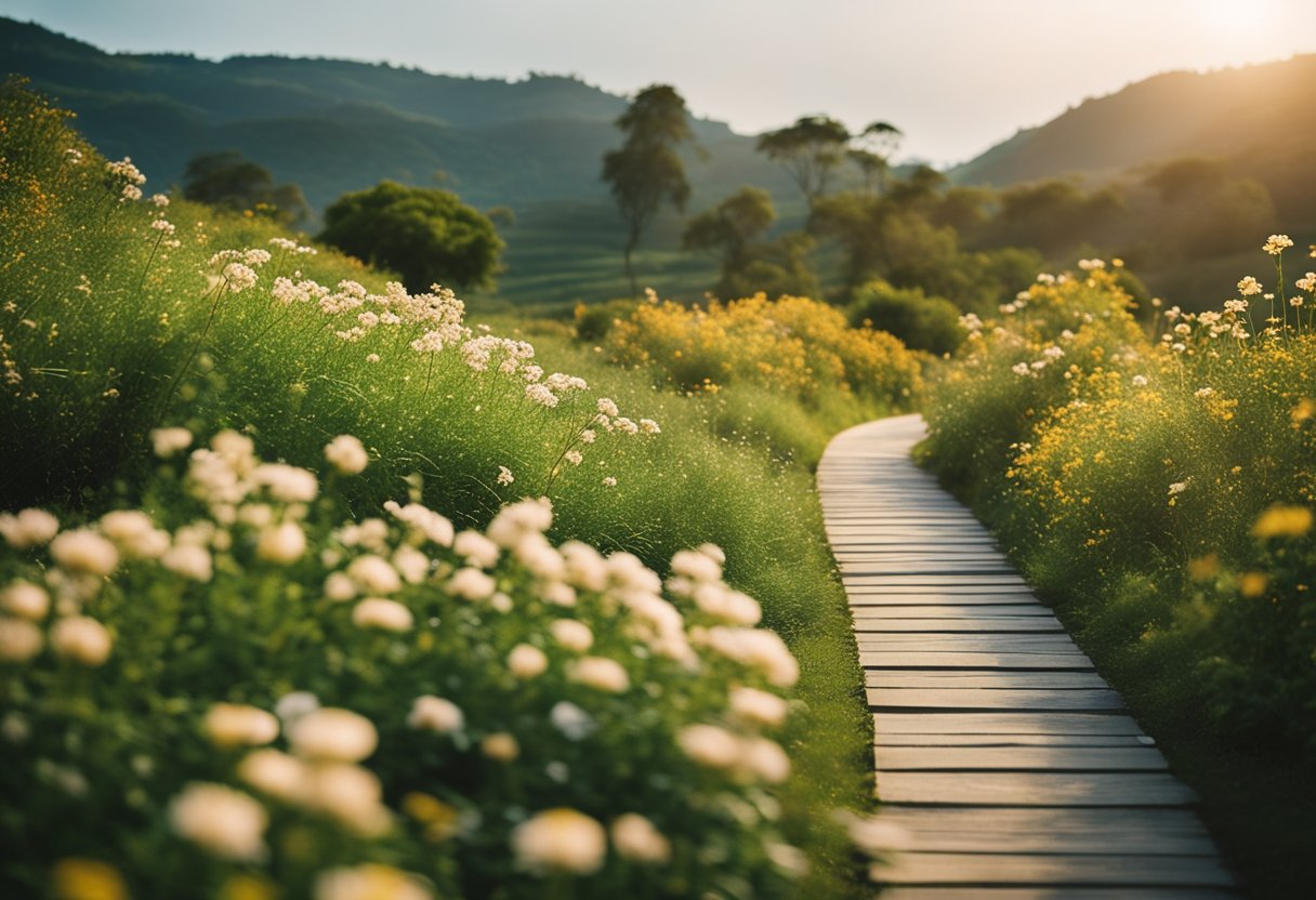 A serene setting with a clear pathway leading towards a bright and open horizon, surrounded by lush greenery and blooming flowers