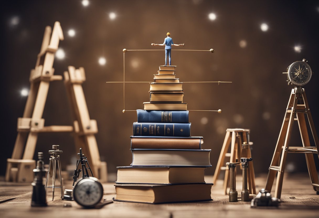 A person standing on a solid foundation, surrounded by tools for personal growth. Books, a compass, and a ladder symbolize growth and development