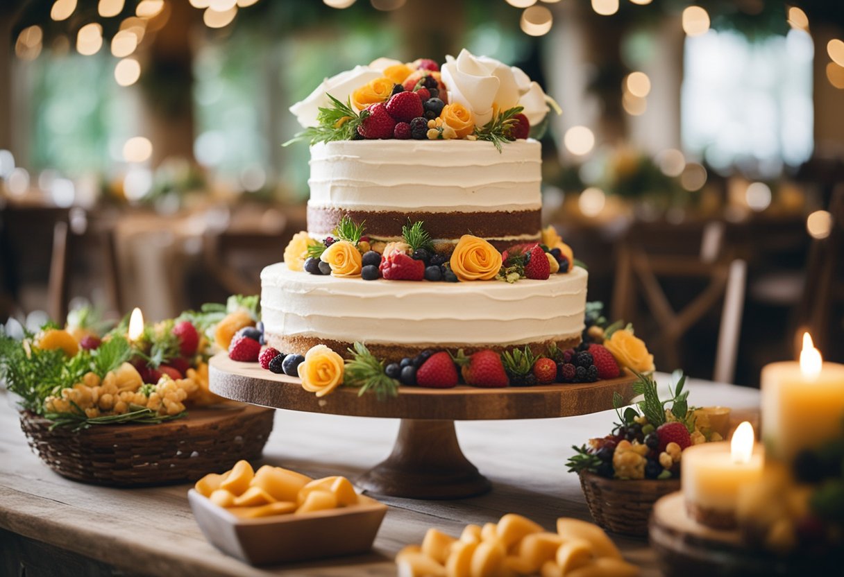 A tiered wedding cake with elegant floral decorations, labeled "gluten free" and "vegan" options, displayed on a rustic wooden dessert table