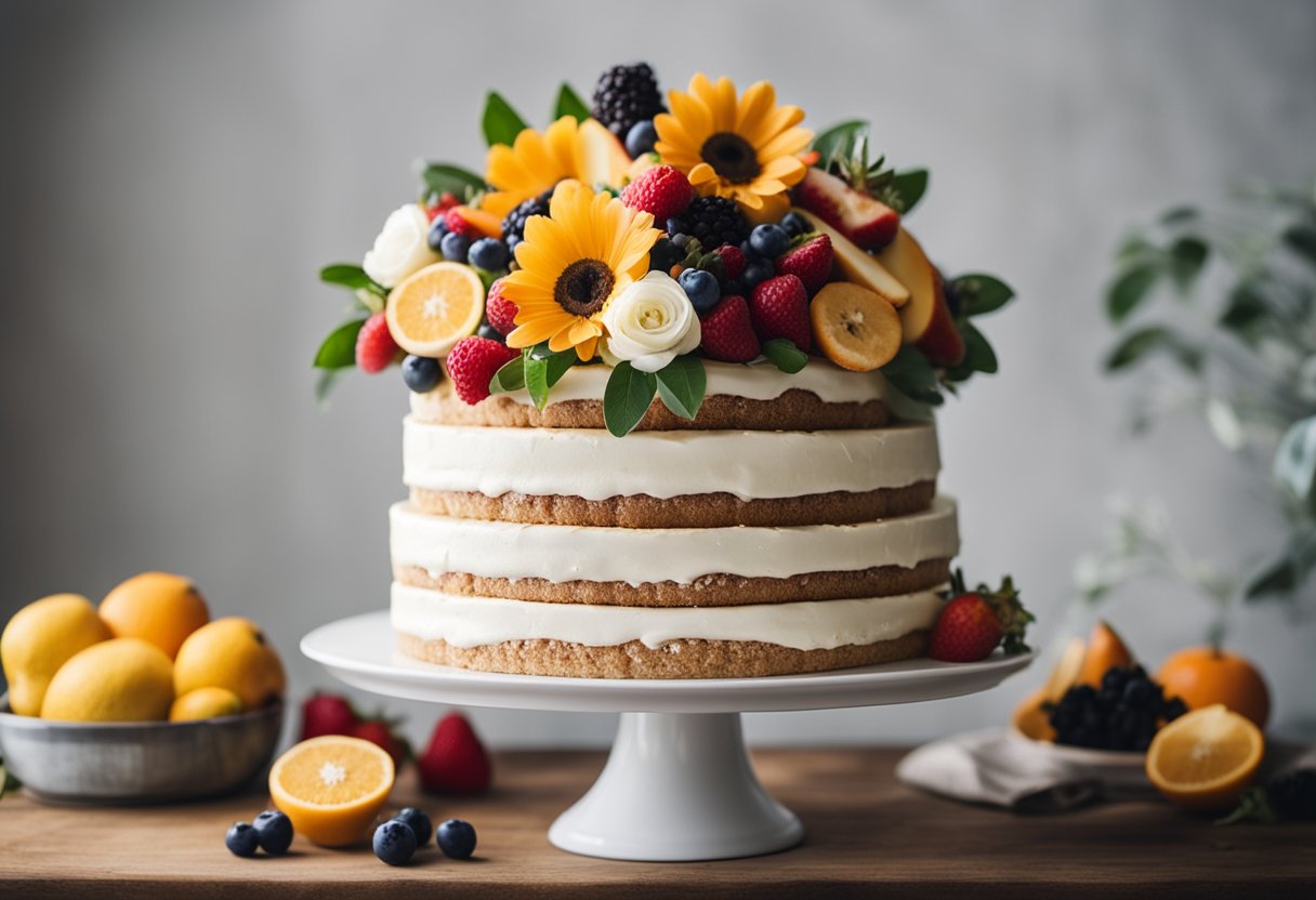 A tiered wedding cake with "gluten-free" and "vegan" labels, adorned with fresh fruit and flowers