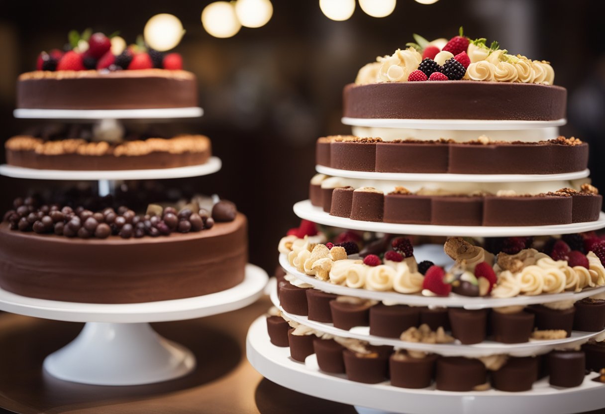 A tiered wedding cake display with various flavors: chocolate, vanilla, and red velvet, all labeled as gluten-free and vegan