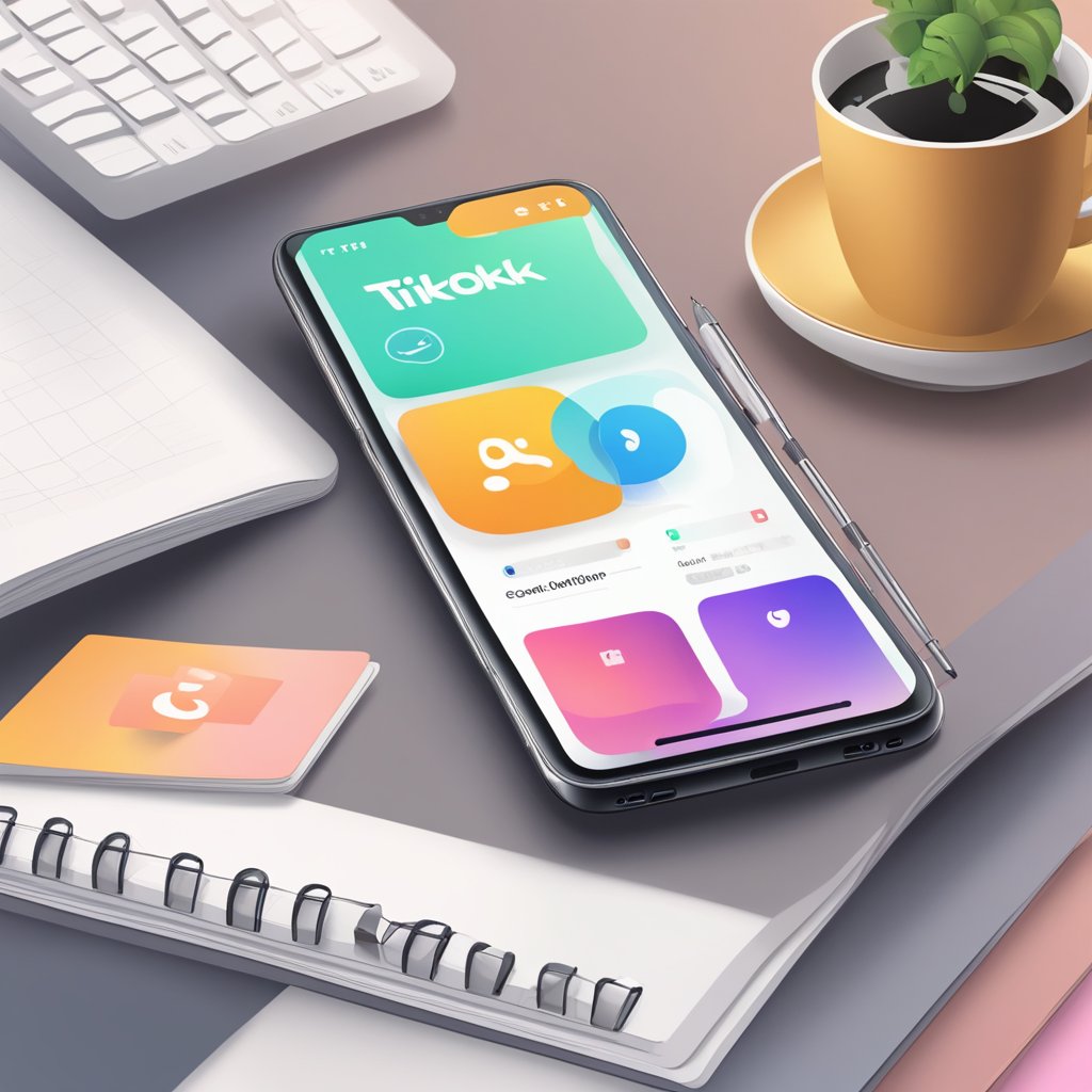 A smartphone with TikTok app open, showing monetization strategies article. Table with notebook, pen, and coffee cup nearby