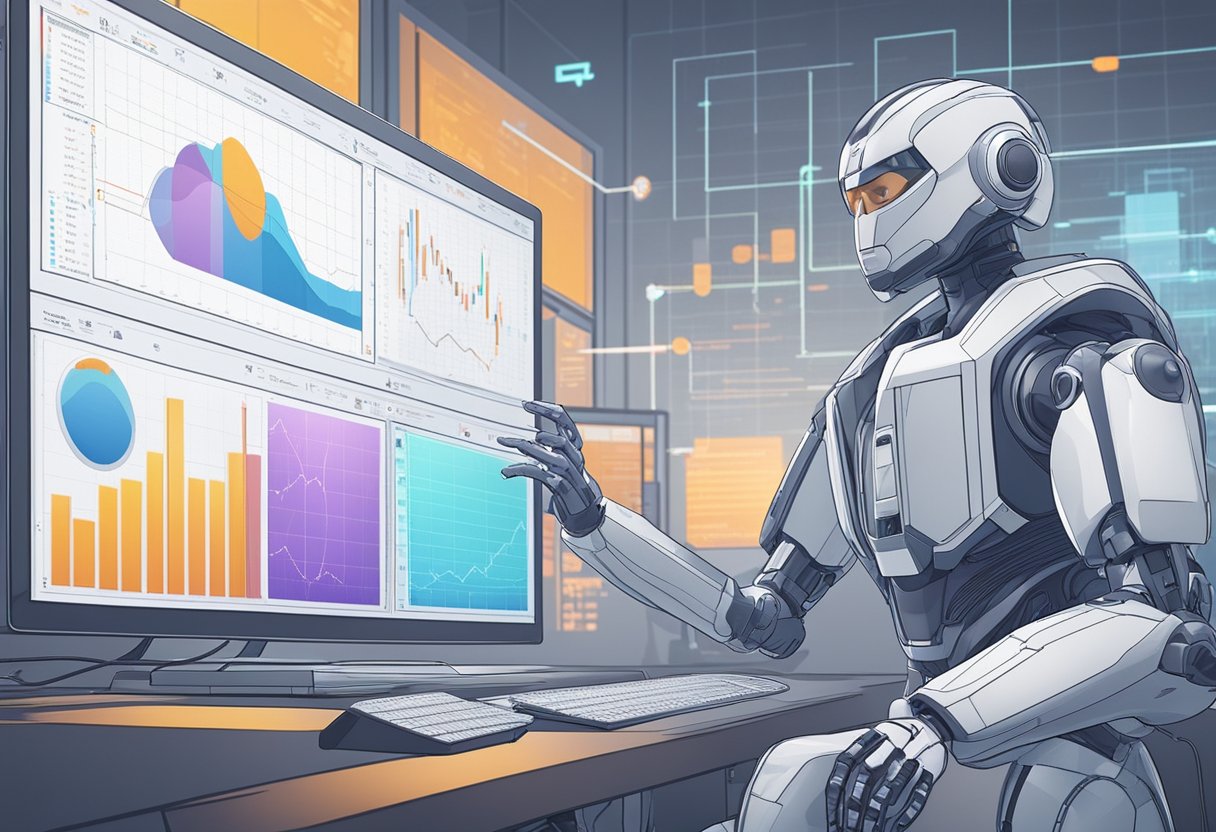 An advanced AI system, Leonardo, analyzes data on a digital interface, displaying graphs and charts