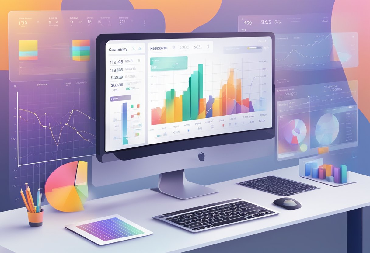 A computer screen displays a detailed analysis of performance data, with colorful graphs and charts. An AI logo is prominent in the corner