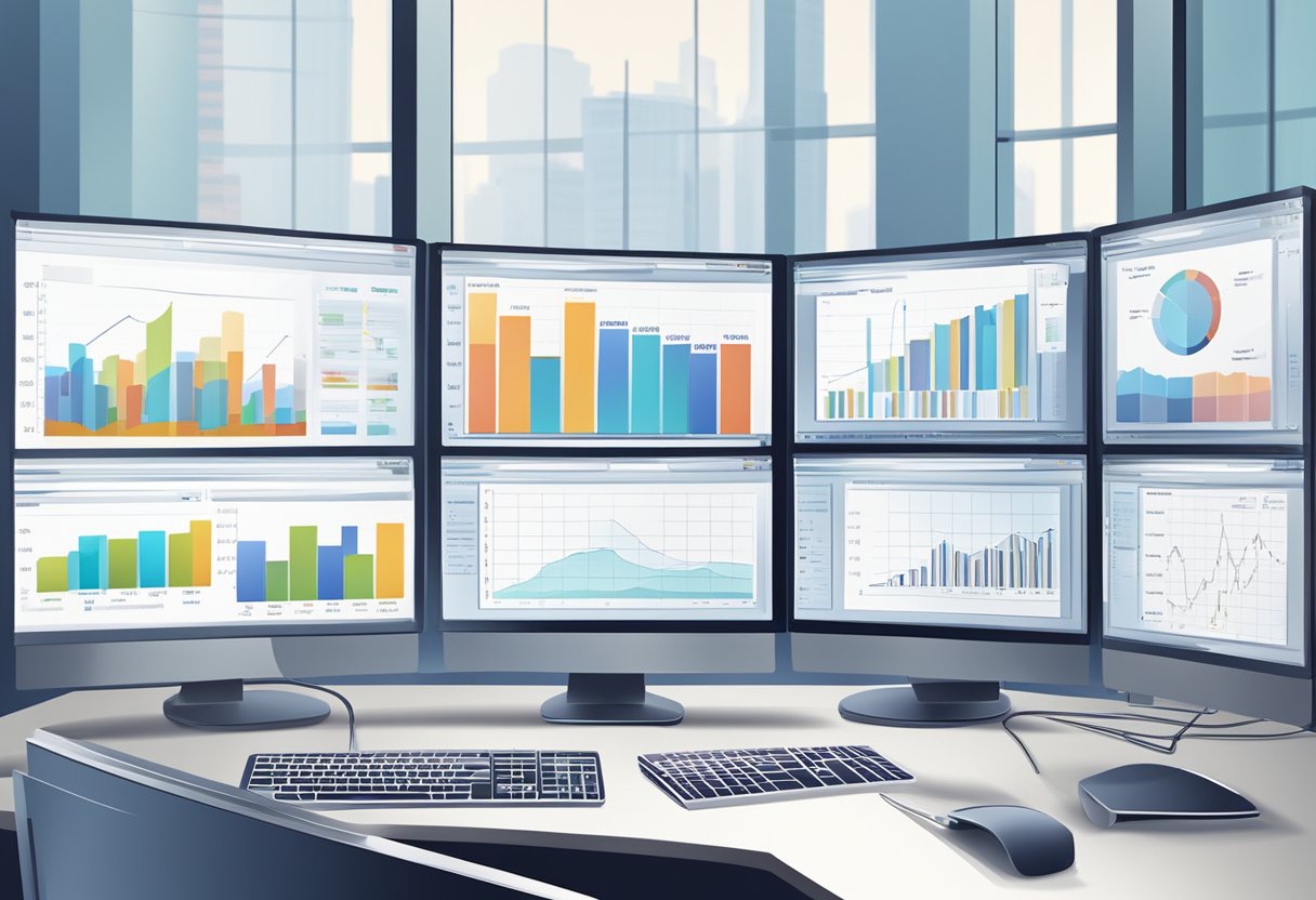 A computer analyzing data with multiple charts and graphs displayed on the screen