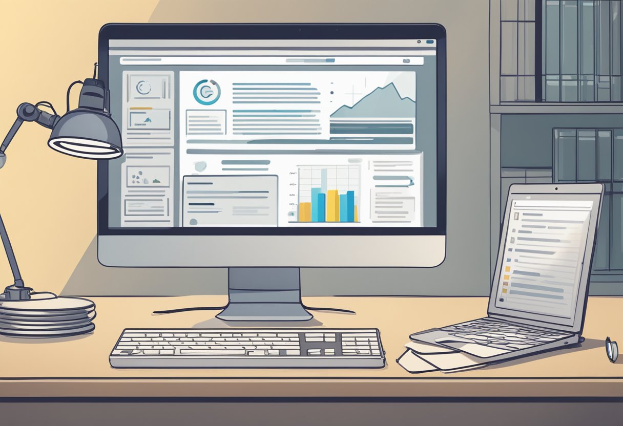 A laptop displaying the Leonardo AI review website, surrounded by a desk lamp, notebook, and pen