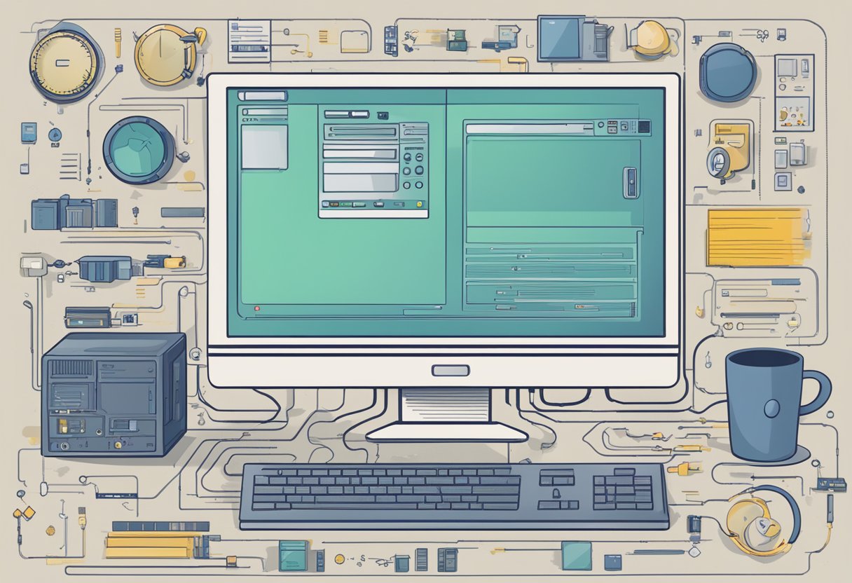 A computer with a perplexed expression, surrounded by various technical components and a list of potential limitations displayed on a screen