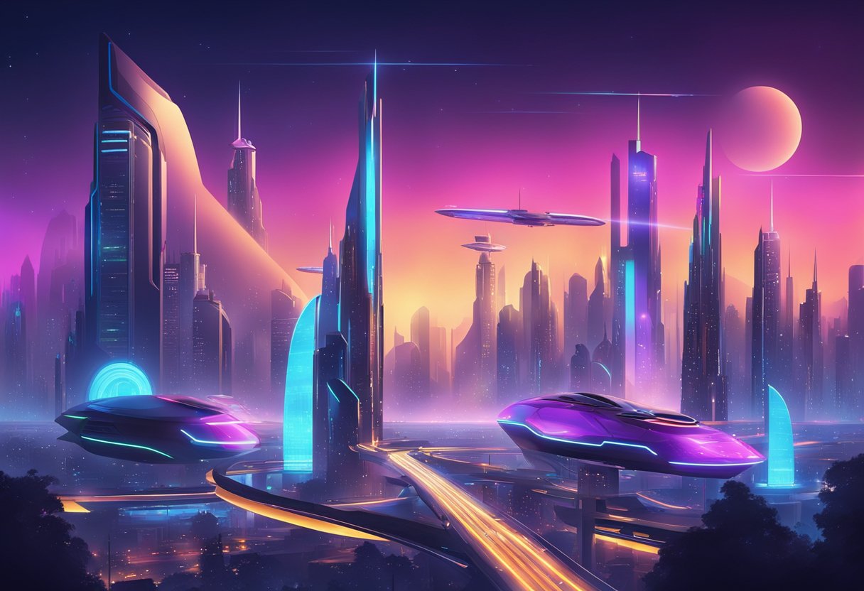 A futuristic city skyline with sleek, advanced buildings and flying vehicles. The landscape is illuminated with bright, neon lights, showcasing the cutting-edge technology of the future