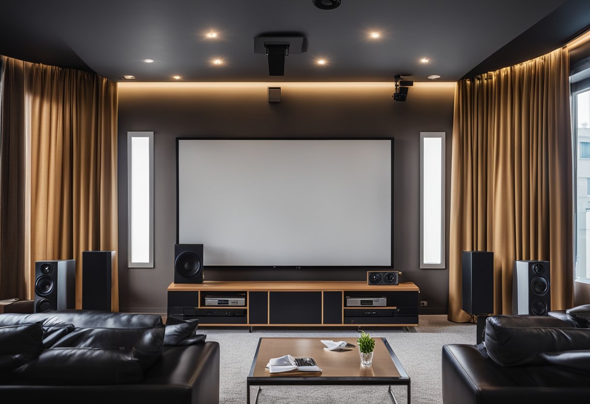 A large flat-screen TV mounted on the wall, surrounded by high-quality speakers and subwoofers. Comfortable reclining chairs with cup holders and a popcorn machine. Dimmable lighting and blackout curtains for optimal viewing