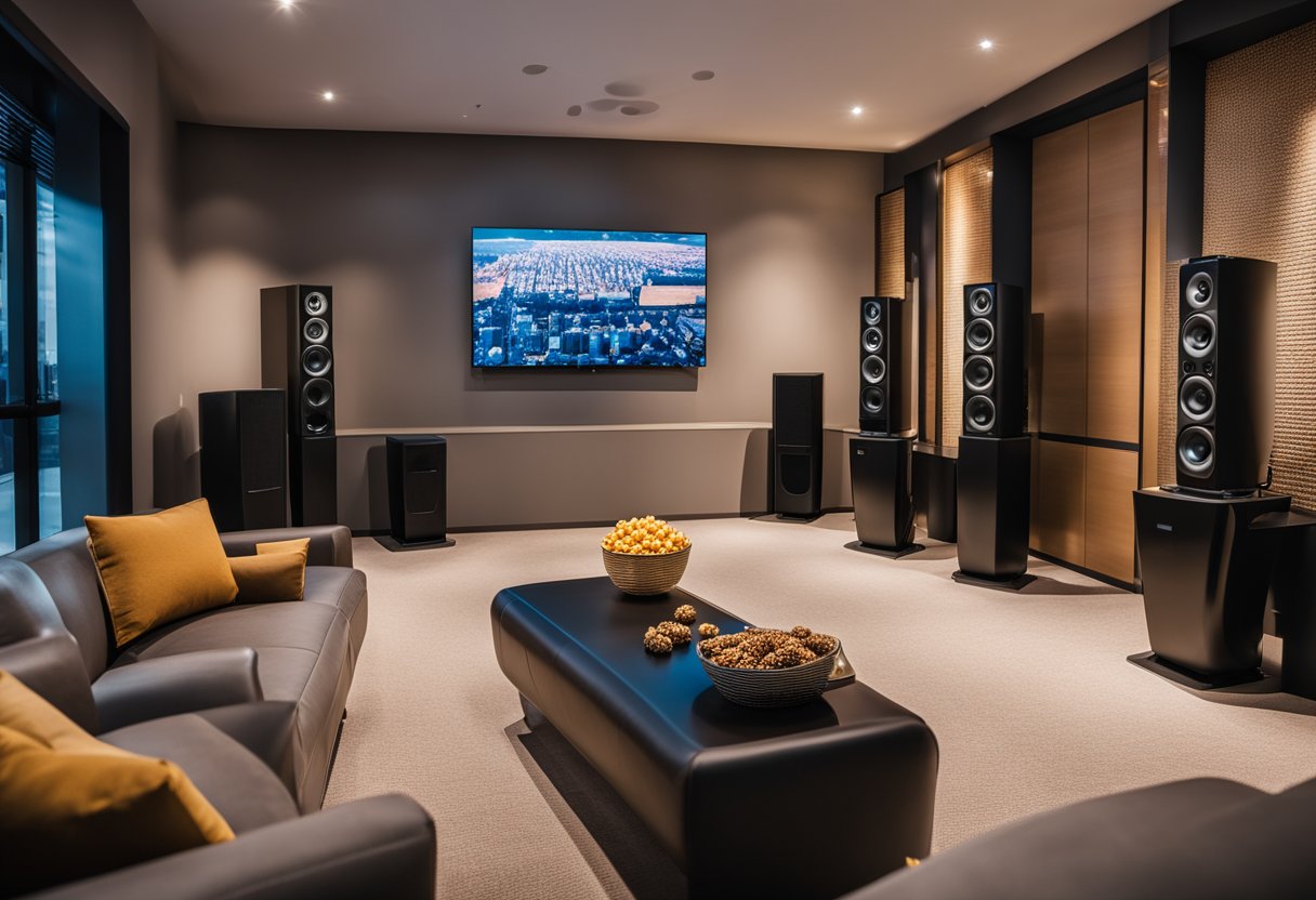 A large, sleek television screen dominates the room, surrounded by high-quality speakers and comfortable seating. Soft, ambient lighting creates a cozy atmosphere, while a popcorn machine and mini-fridge stand ready for movie nights