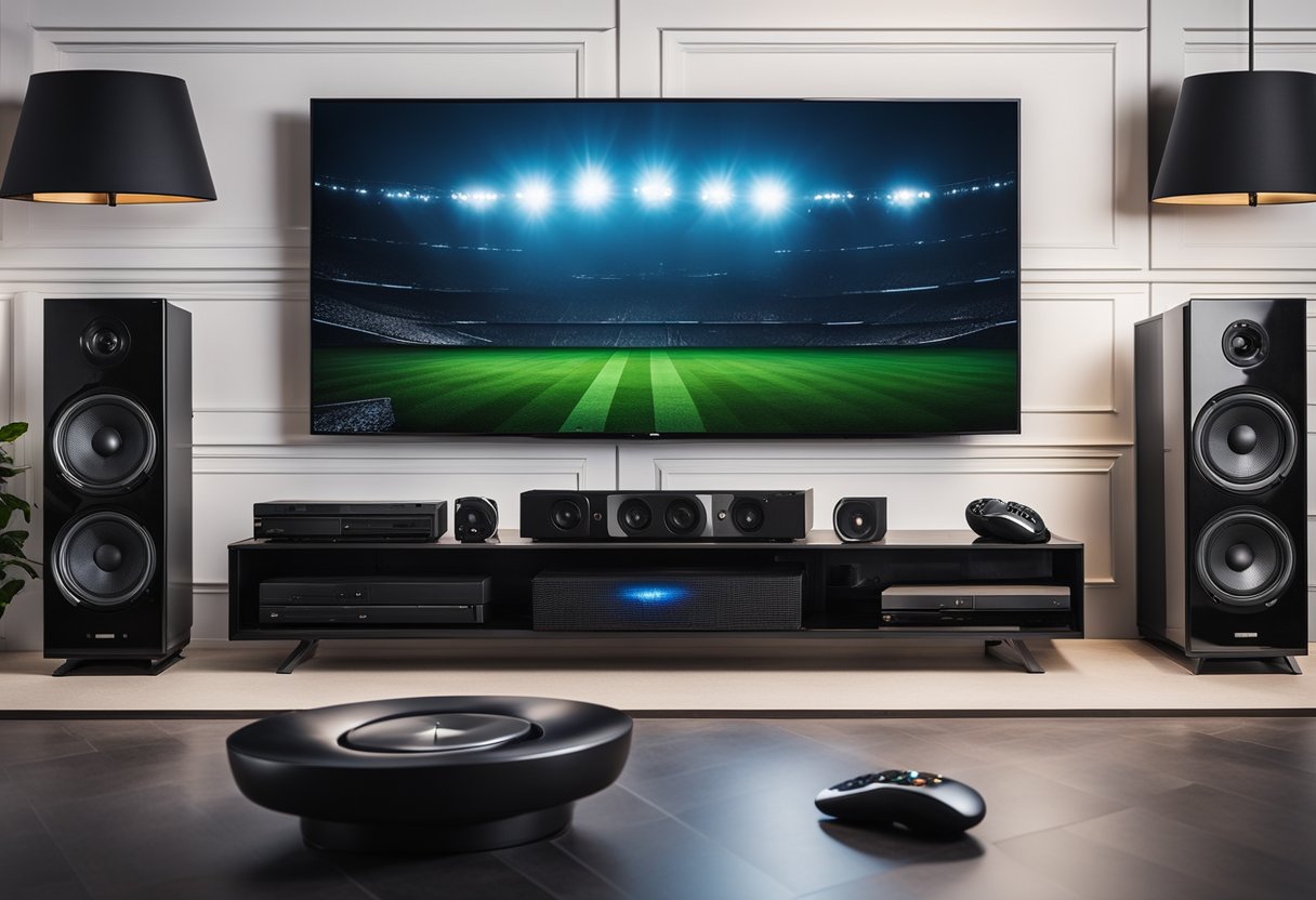 A large flat-screen TV mounted on the wall, surrounded by high-quality speakers and subwoofers. An assortment of gaming consoles, streaming devices, and a universal remote control are neatly arranged on a sleek entertainment center