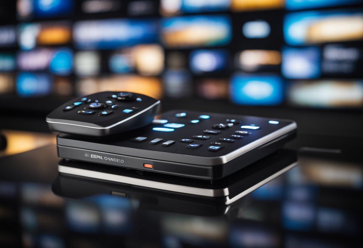 A sleek remote control hovers above a modern touch screen interface, surrounded by a state-of-the-art sound system, high-definition projector, comfortable seating, and ambient lighting to create the ultimate home theater experience