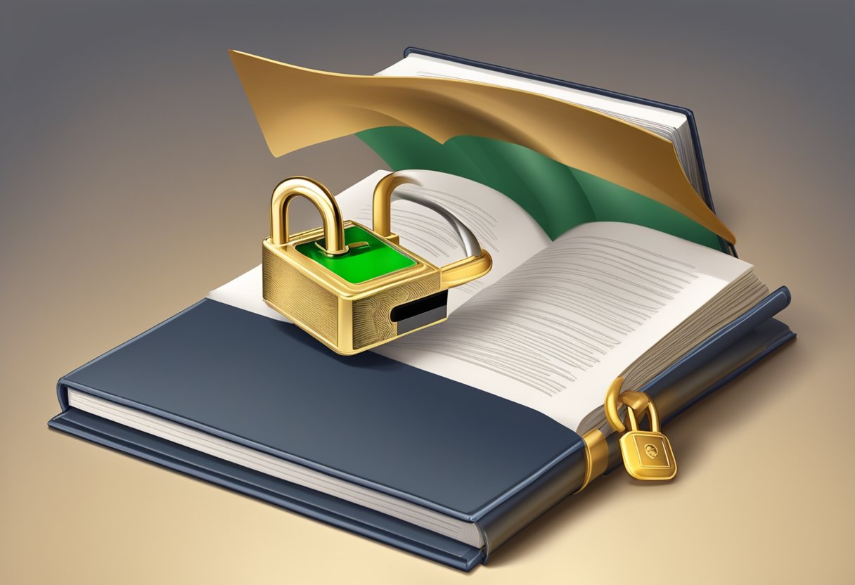 A padlock securing an open book with a shield emblem on the cover, surrounded by a digital firewall