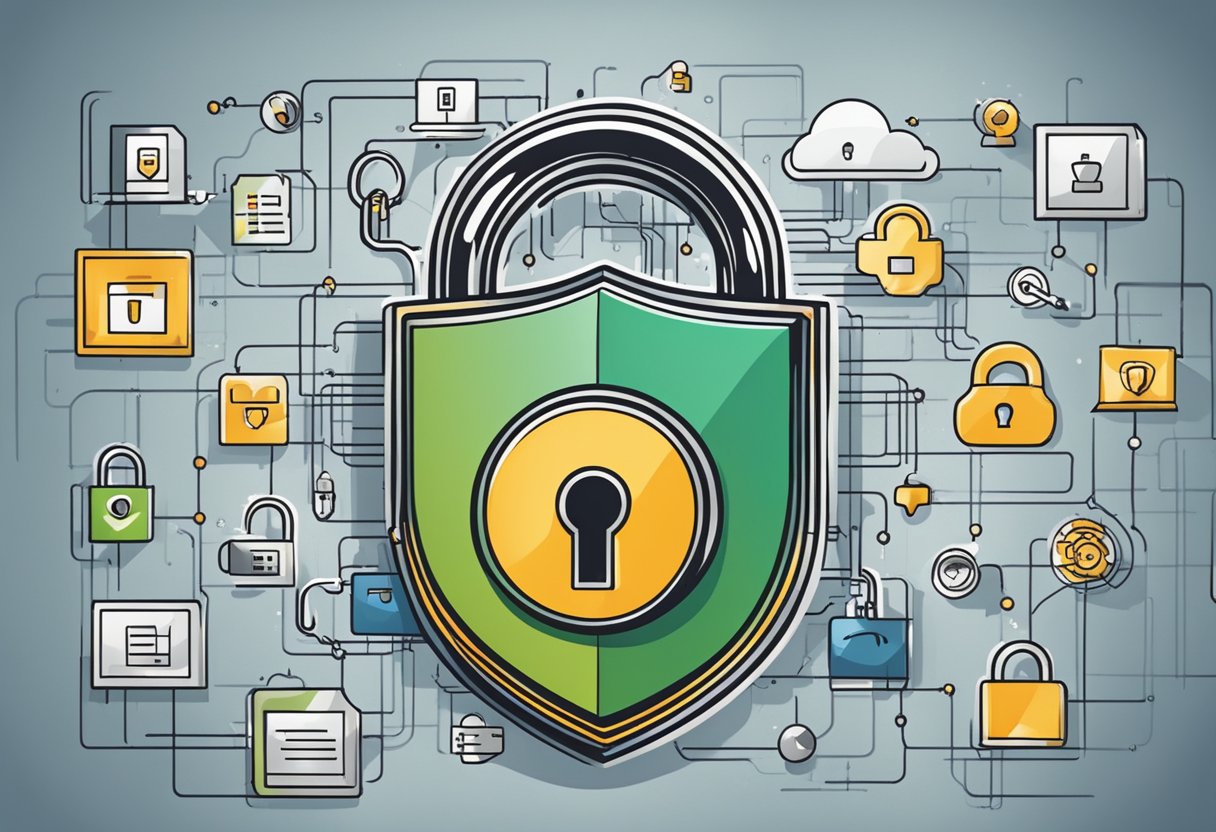 A locked padlock icon surrounded by firewalls and encryption symbols, with a shield labeled "Data Privacy" and "Compliance" protecting ad accounts for authors