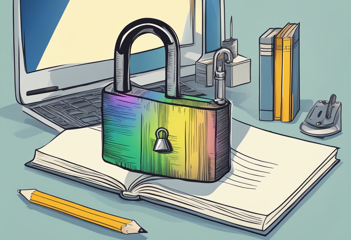 A locked padlock symbolizing security on a computer screen with an open book and a pencil nearby