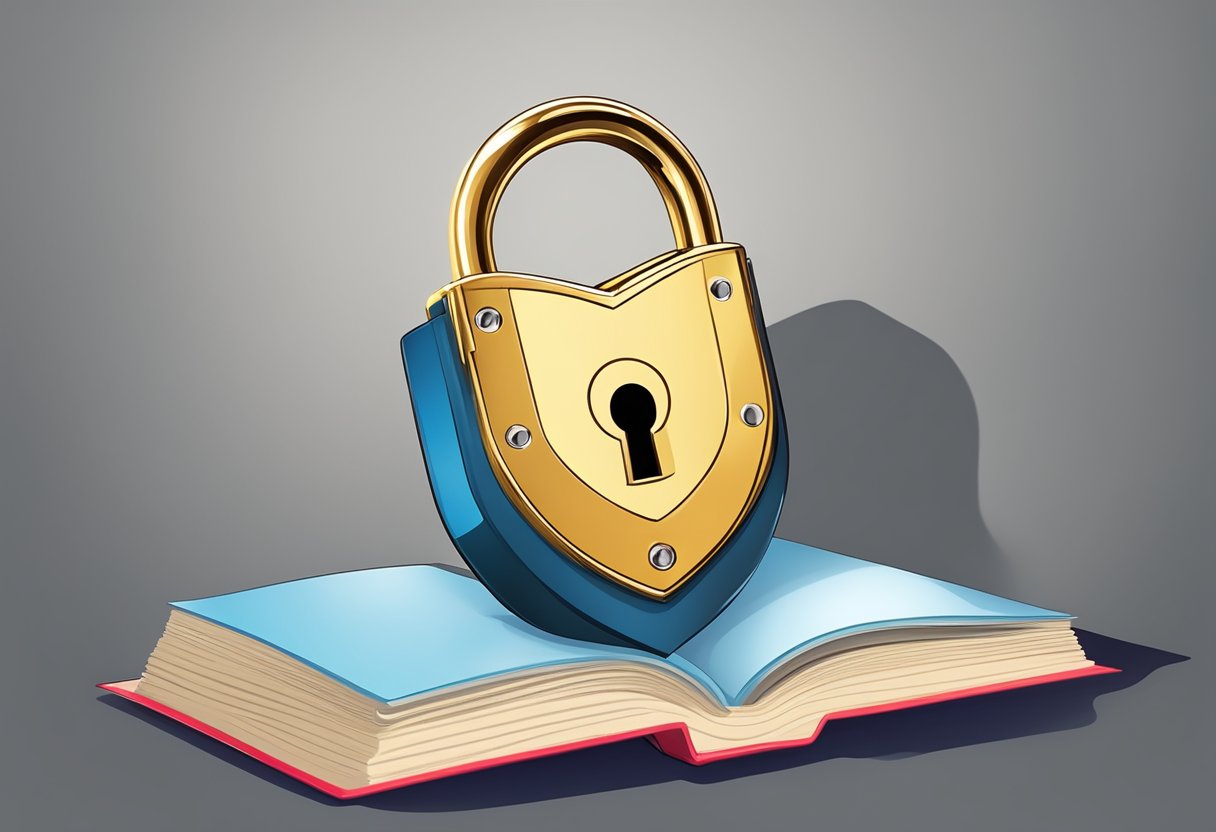 A padlock with a shield and a book, symbolizing security for author ad accounts