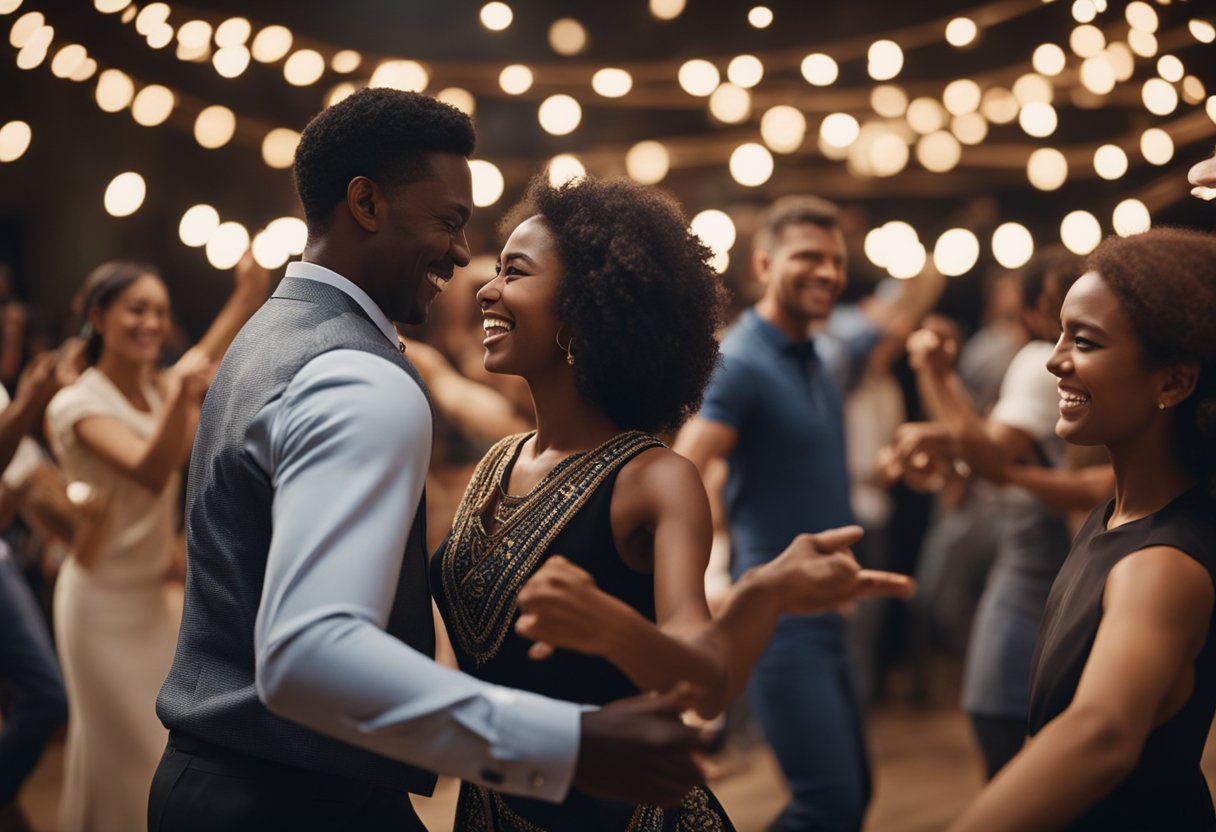An interracial couple dances joyfully to a mix of cultural music, surrounded by a diverse group of people. Instruments from different traditions are visible in the background