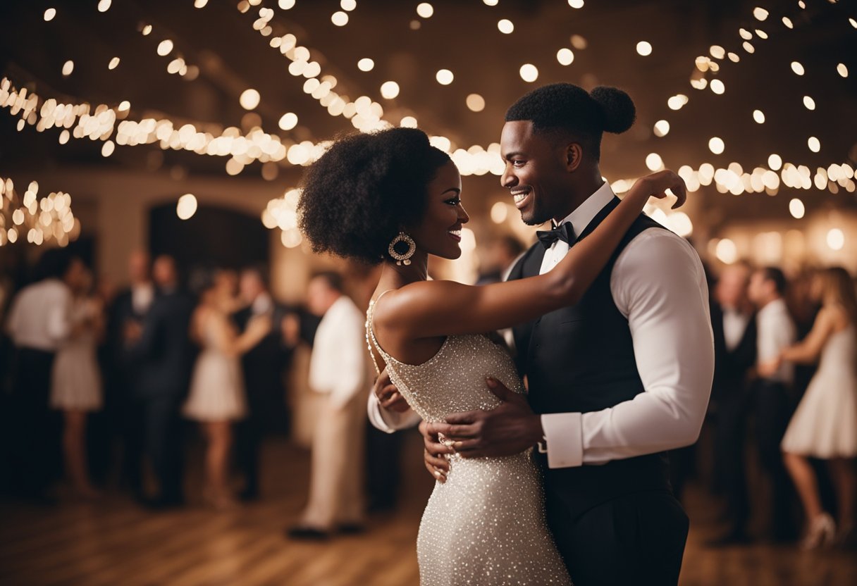 An interracial couple embraces on the dance floor, blending traditional and modern music styles in their first dance