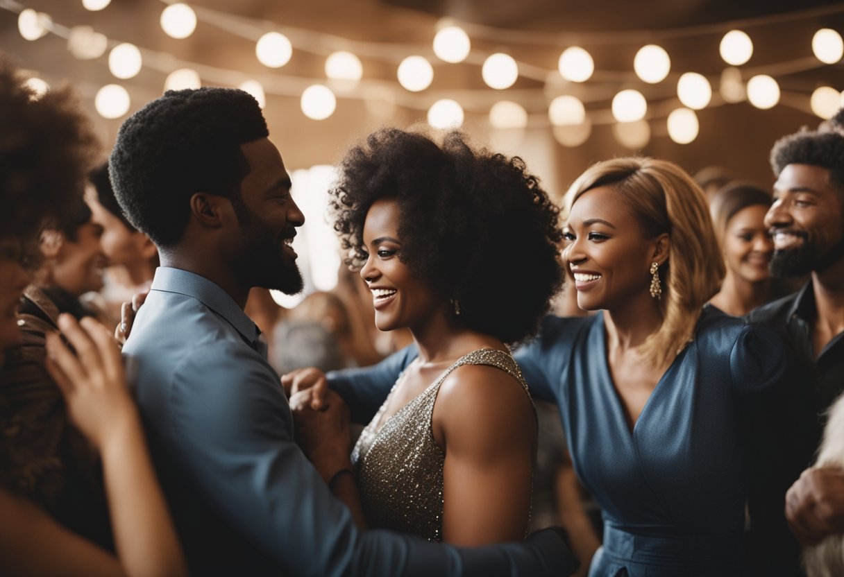 An interracial couple dances to "At Last" by Etta James, surrounded by a diverse group of friends and family, celebrating their love and unity