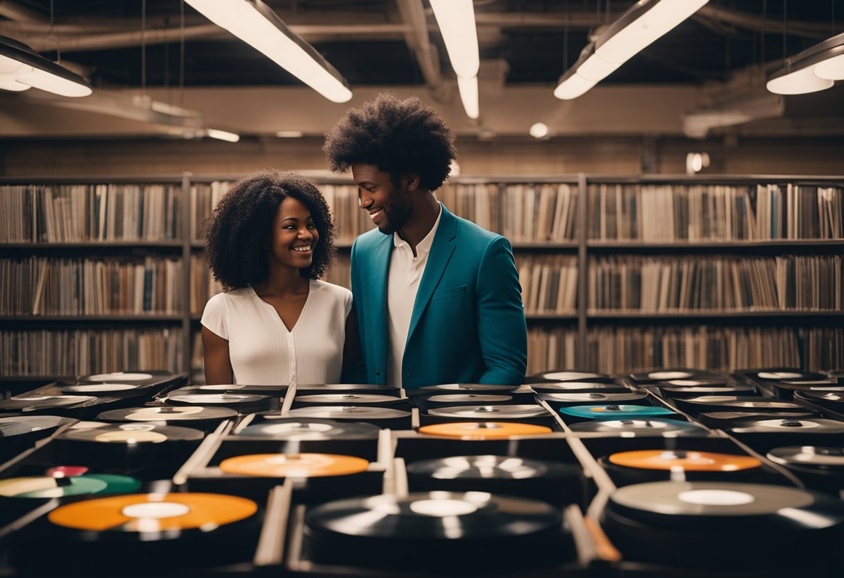 An interracial couple stands together, surrounded by a collection of vinyl records. They are carefully selecting a song that represents their unique love story
