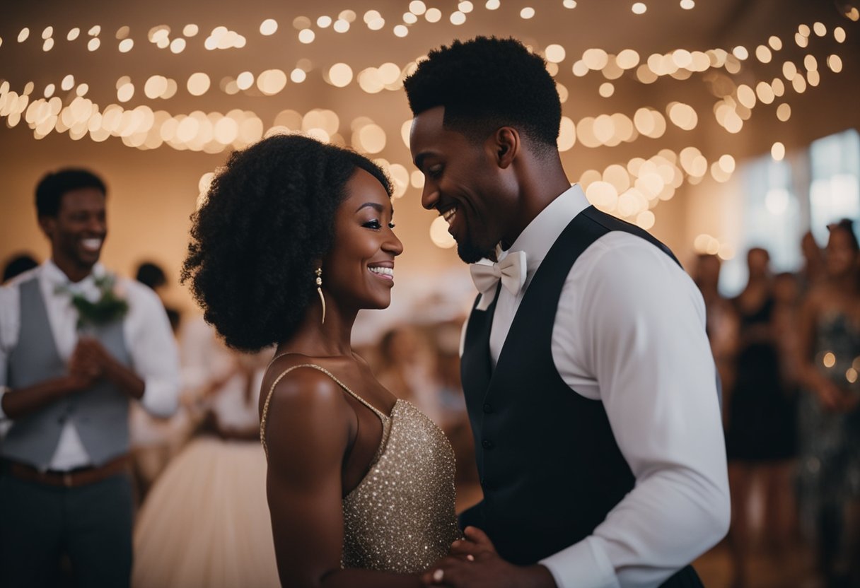 An interracial couple stands close, swaying to their first dance song. Their eyes meet, filled with love and joy. The music surrounds them, creating a tender and intimate moment