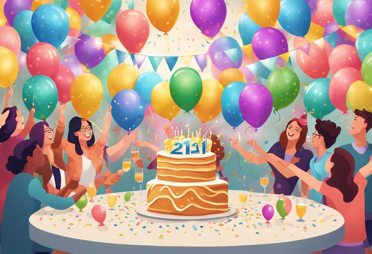 Colorful balloons and confetti surround a glittering "Happy 21st Birthday" sign. A cake with lit candles sits on a table, while friends cheer and raise their glasses in celebration