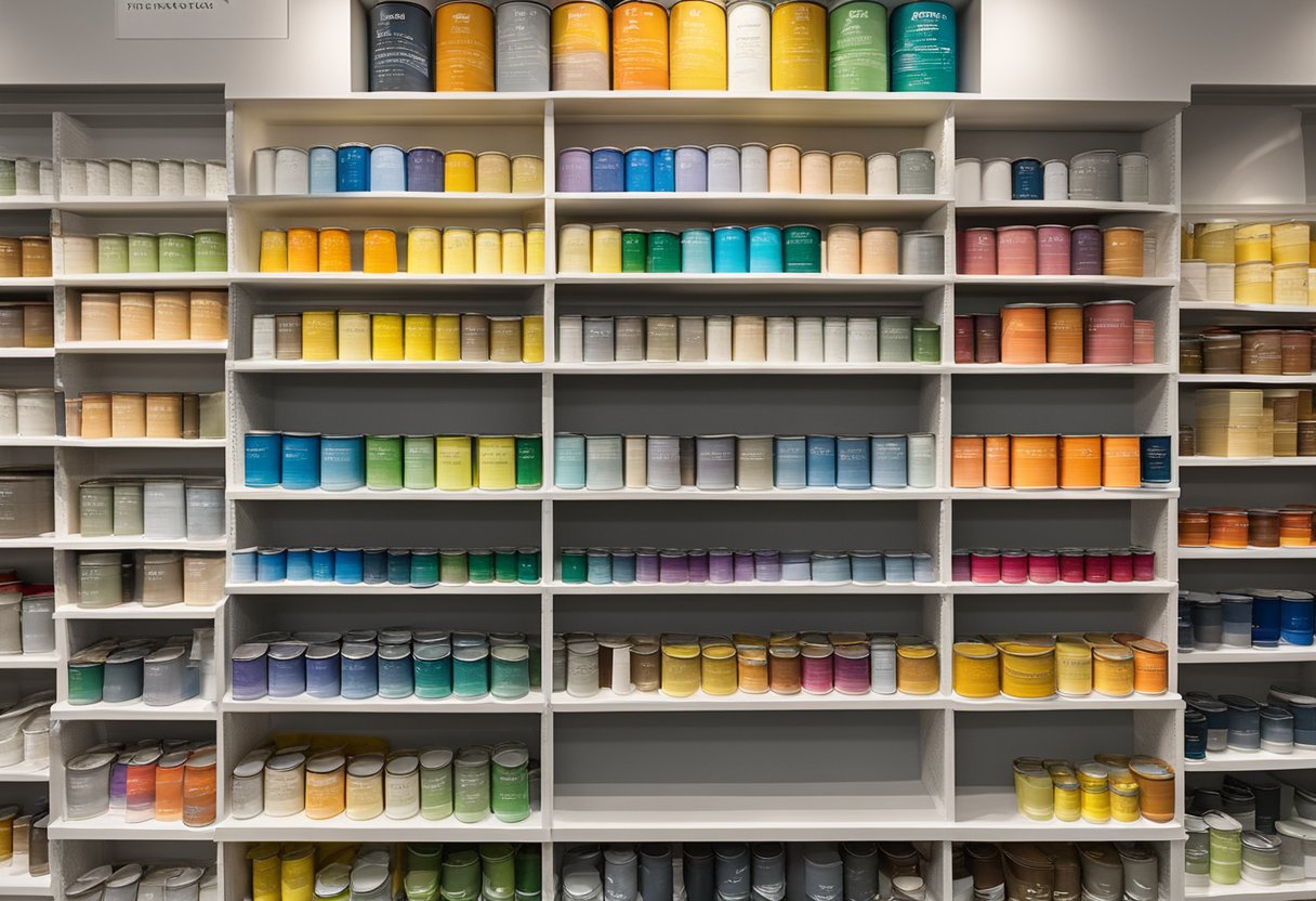 A colorful display of Benjamin Moore paint cans arranged neatly on shelves in a well-lit store